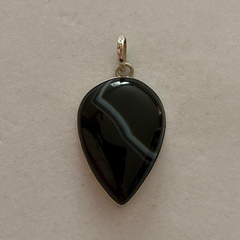 925 Sterling Silver Black Polished Stone Statement Necklace Pendant